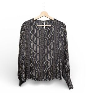 Banana Republic Black Gold Chain Print Blouse Smocked Cuff Long‎ Sleeve Small
